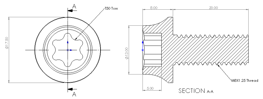 Bolt, Titanium, Torx Head with Flange, M8x1.25, 16mm Long (copy)