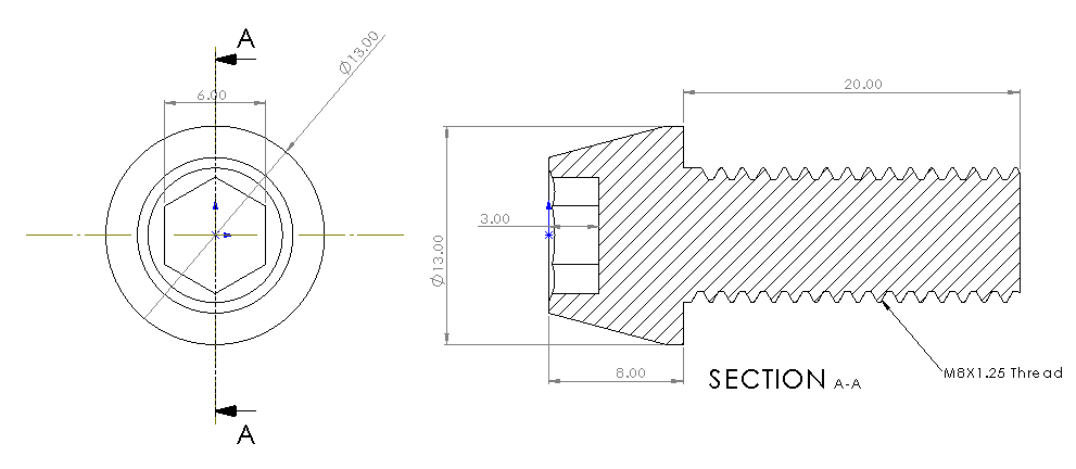 Bolt, Titanium, Coned Socket Head, M8x1.25, 20mm Long 