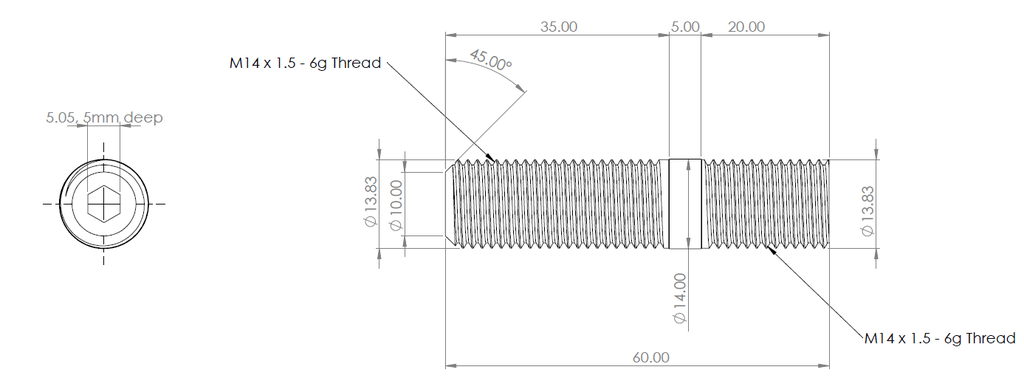 Stud, Titanium, Internal Torx, M4X1.25, 55mm Long