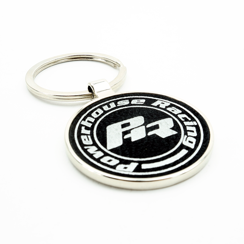 PHR Round, Leather and Metal, Black and Silver Keychain